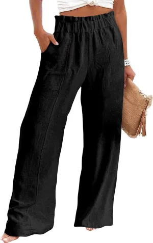 Linen Pants for Women Wide Leg High Waisted Long Pant Casual Straight Leg Trousers Waist Elastic Bottoms with Pockets