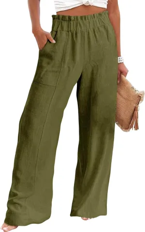 Linen Pants for Women Wide Leg High Waisted Long Pant Casual Straight Leg Trousers Waist Elastic Bottoms with Pockets