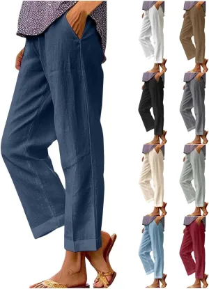 Linen Pants Women Cropped Wide Leg Palazzo Pants Casual Elastic Waist Summer Pants Beach Trousers with Pockets