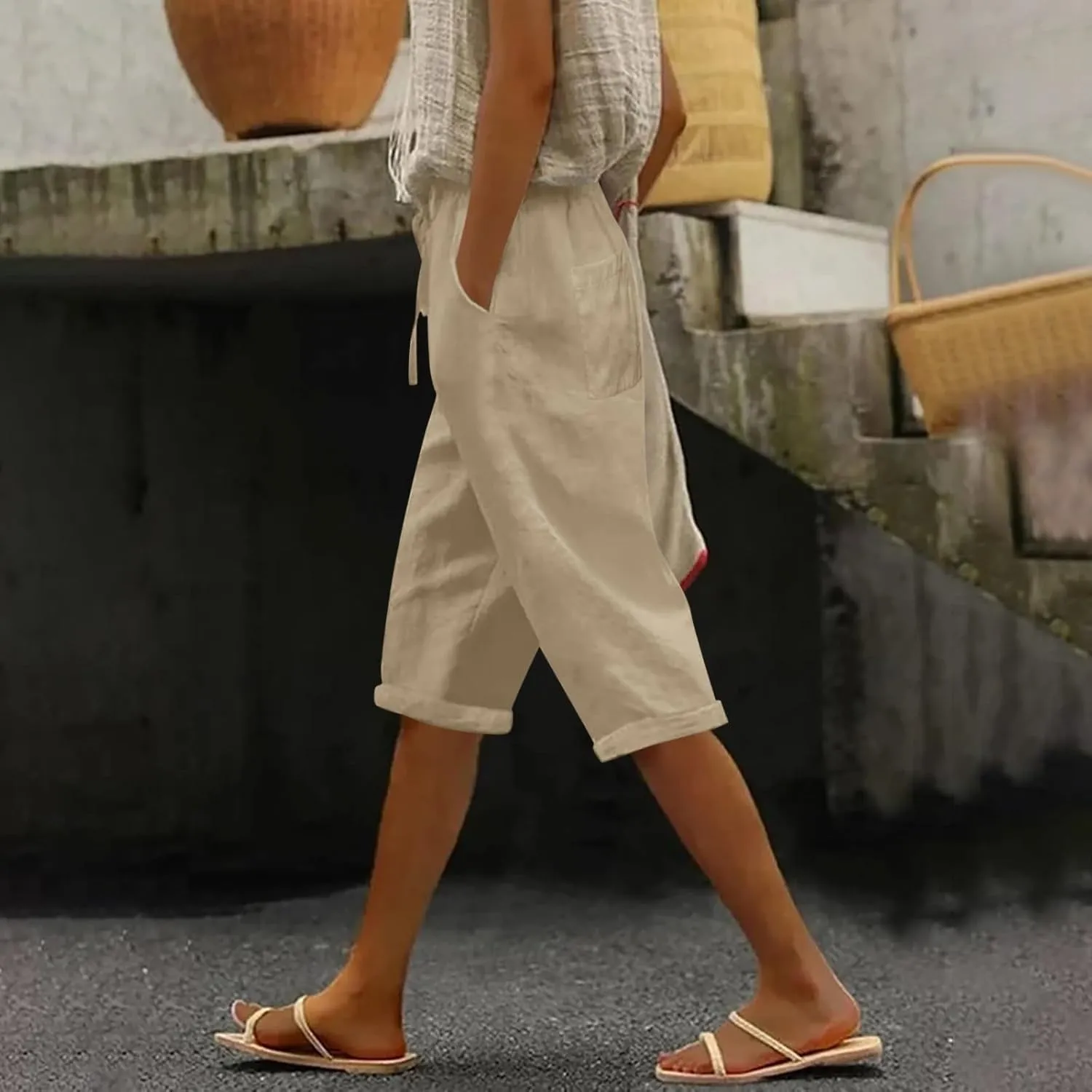 Linen Pants Women Drawstring Elastic Waist Capri Trouser 2025 Summer Boho Beach Cotton Cropped Pant with Pocket