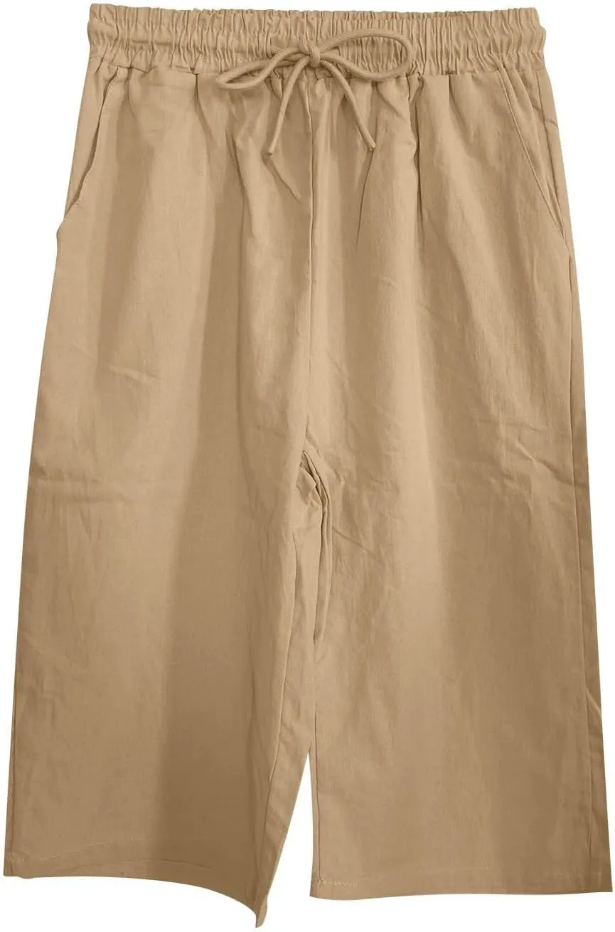 Linen Pants Women Drawstring Elastic Waist Capri Trouser 2025 Summer Boho Beach Cotton Cropped Pant with Pocket