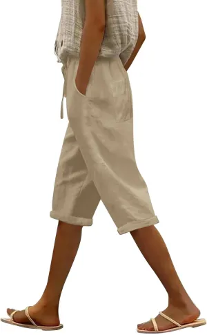 Linen Pants Women Drawstring Elastic Waist Capri Trouser 2025 Summer Boho Beach Cotton Cropped Pant with Pocket