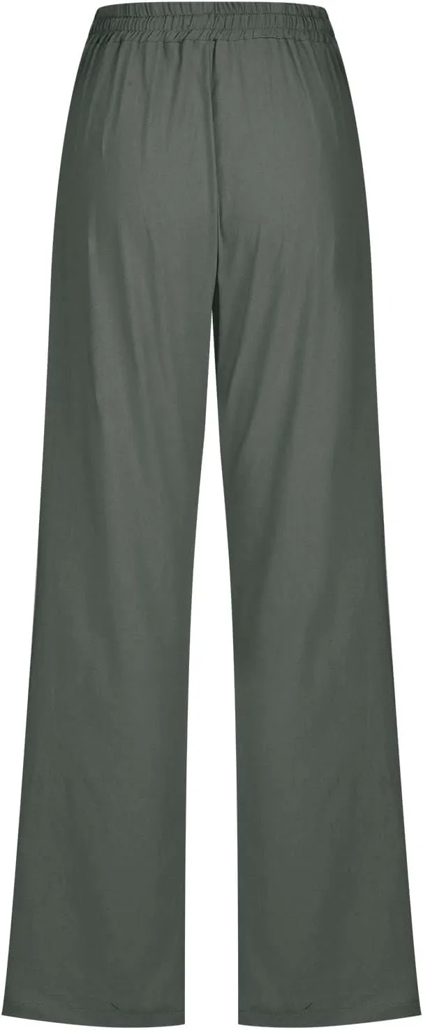 Linen Pants Women Straight Wide Leg Pants High Waisted Casual Summer Pants Lounge Beach Trousers with Pockets