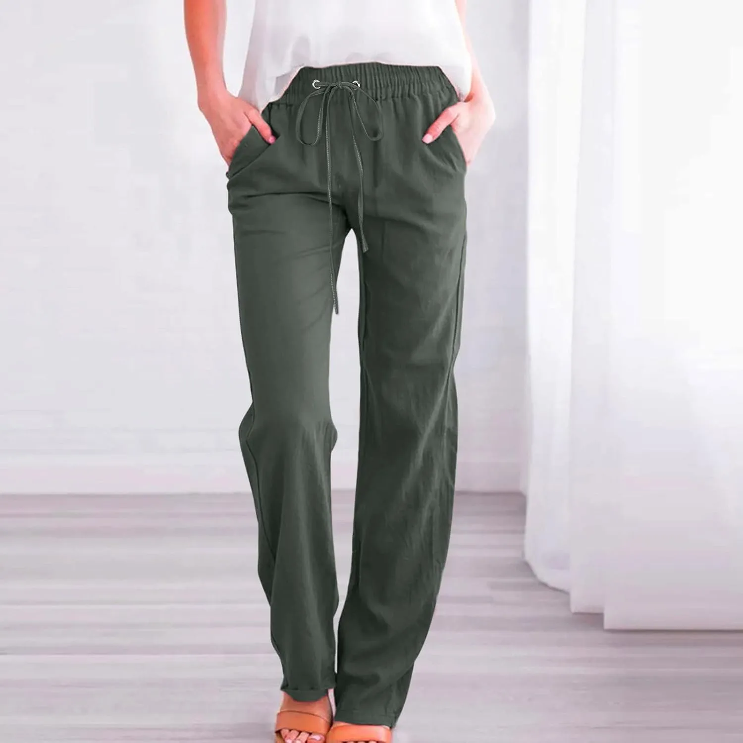 Linen Pants Women Straight Wide Leg Pants High Waisted Casual Summer Pants Lounge Beach Trousers with Pockets