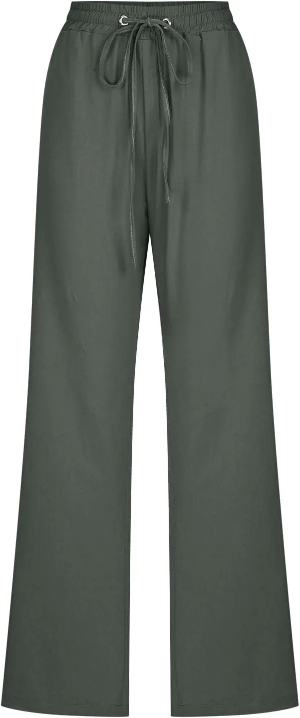 Linen Pants Women Straight Wide Leg Pants High Waisted Casual Summer Pants Lounge Beach Trousers with Pockets