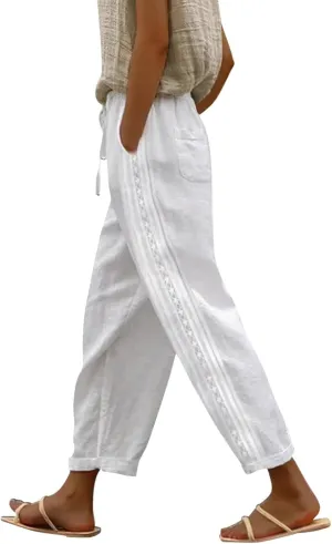 Linen Pants Women Summer Cotton Casual Linen Beach Pants High Waisted Elastic Breathable Wide Leg Trousers with Pockets