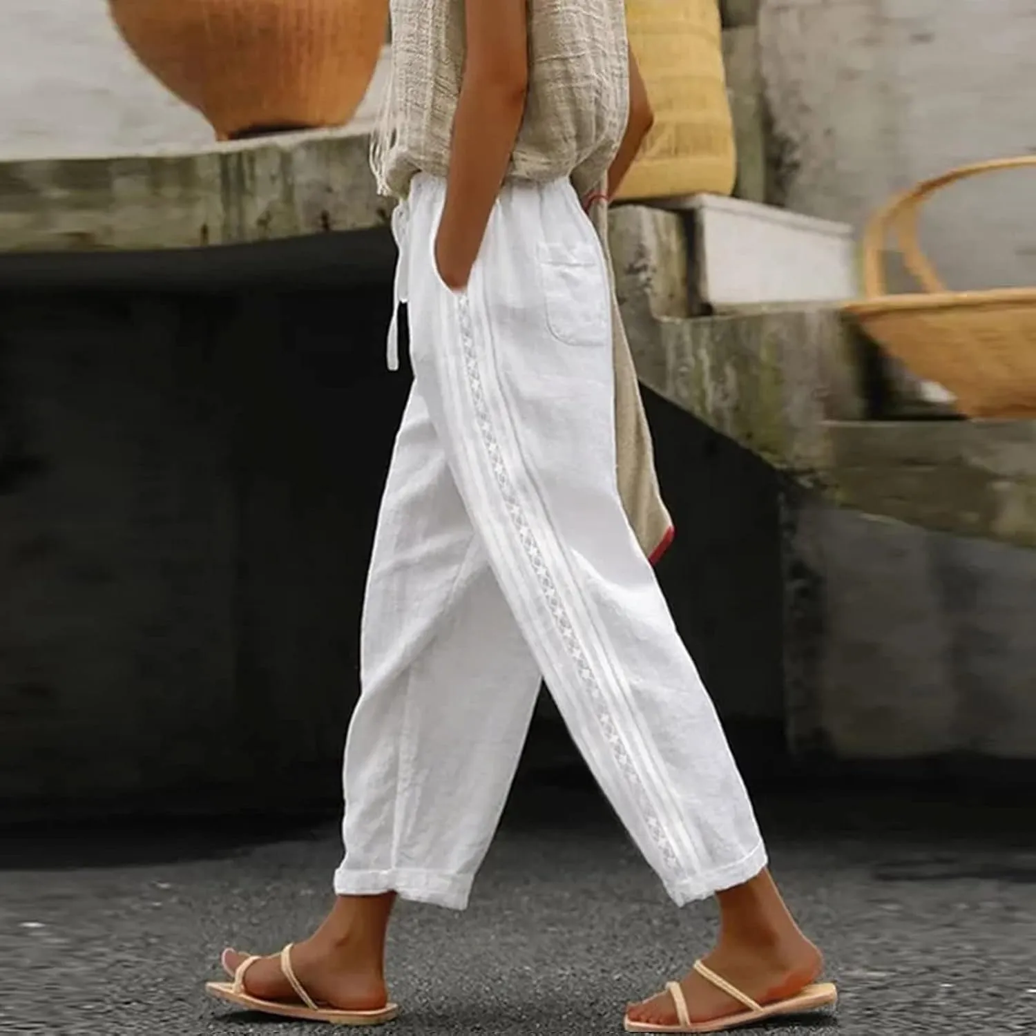 Linen Pants Women Summer Cotton Casual Linen Beach Pants High Waisted Elastic Breathable Wide Leg Trousers with Pockets