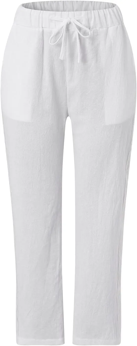 Linen Pants Women Summer Cotton Casual Linen Beach Pants High Waisted Elastic Breathable Wide Leg Trousers with Pockets