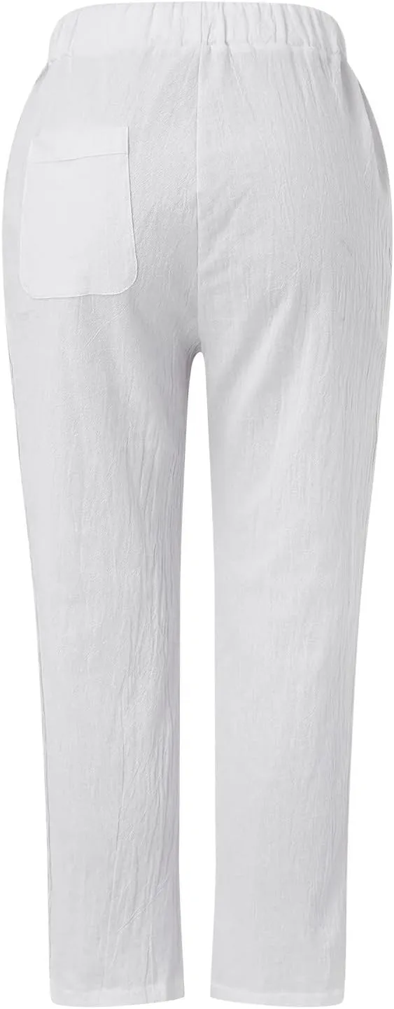 Linen Pants Women Summer Cotton Casual Linen Beach Pants High Waisted Elastic Breathable Wide Leg Trousers with Pockets