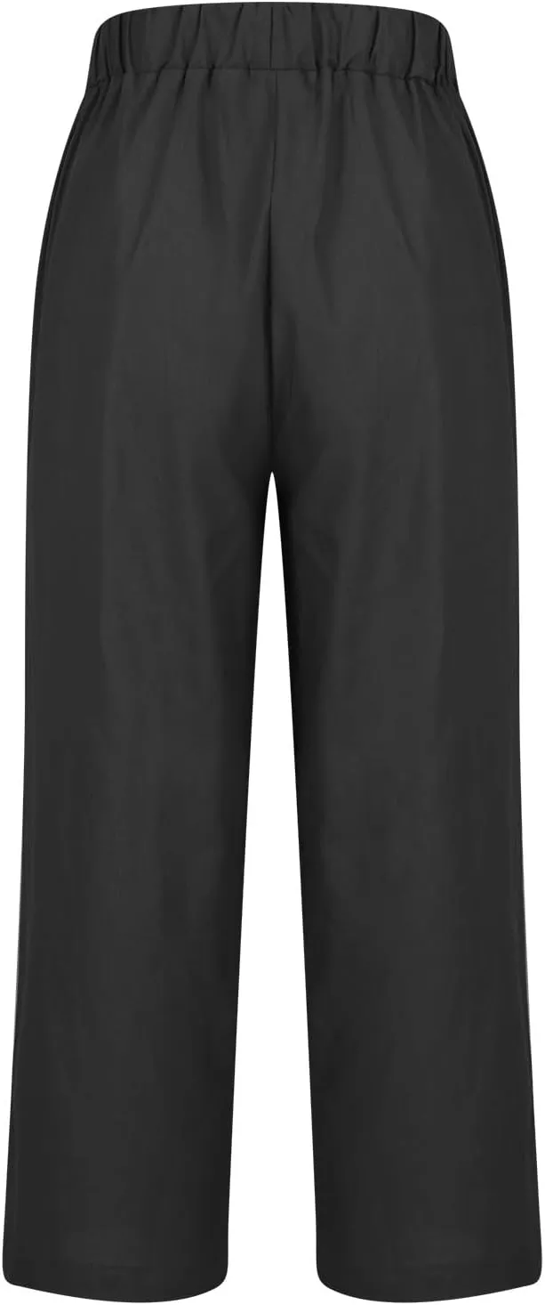 Linen Pants Women Summer Cropped Straight Wide Leg Pant Casual Plus Size Elastic Waist Beach Trousers with Pockets