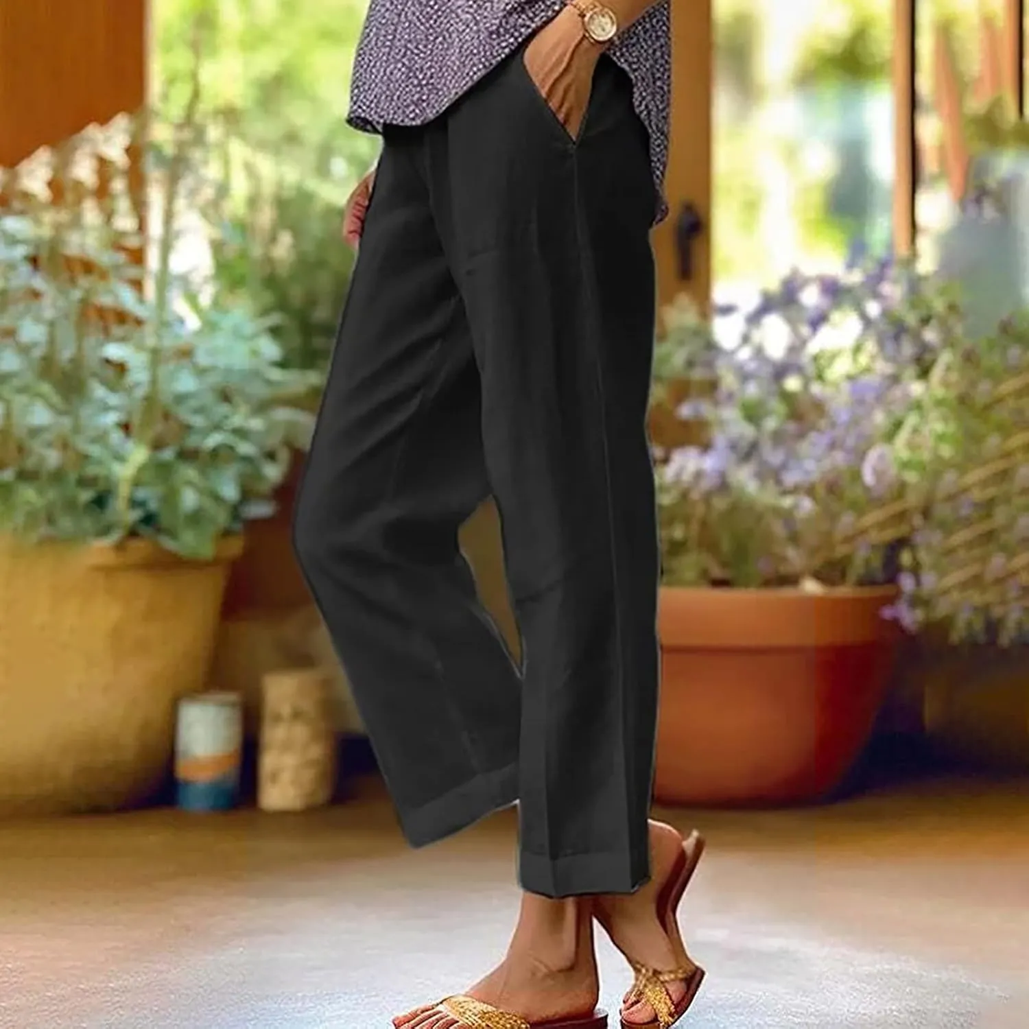 Linen Pants Women Summer Cropped Straight Wide Leg Pant Casual Plus Size Elastic Waist Beach Trousers with Pockets