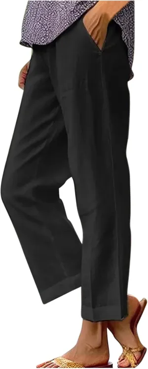 Linen Pants Women Summer Cropped Straight Wide Leg Pant Casual Plus Size Elastic Waist Beach Trousers with Pockets