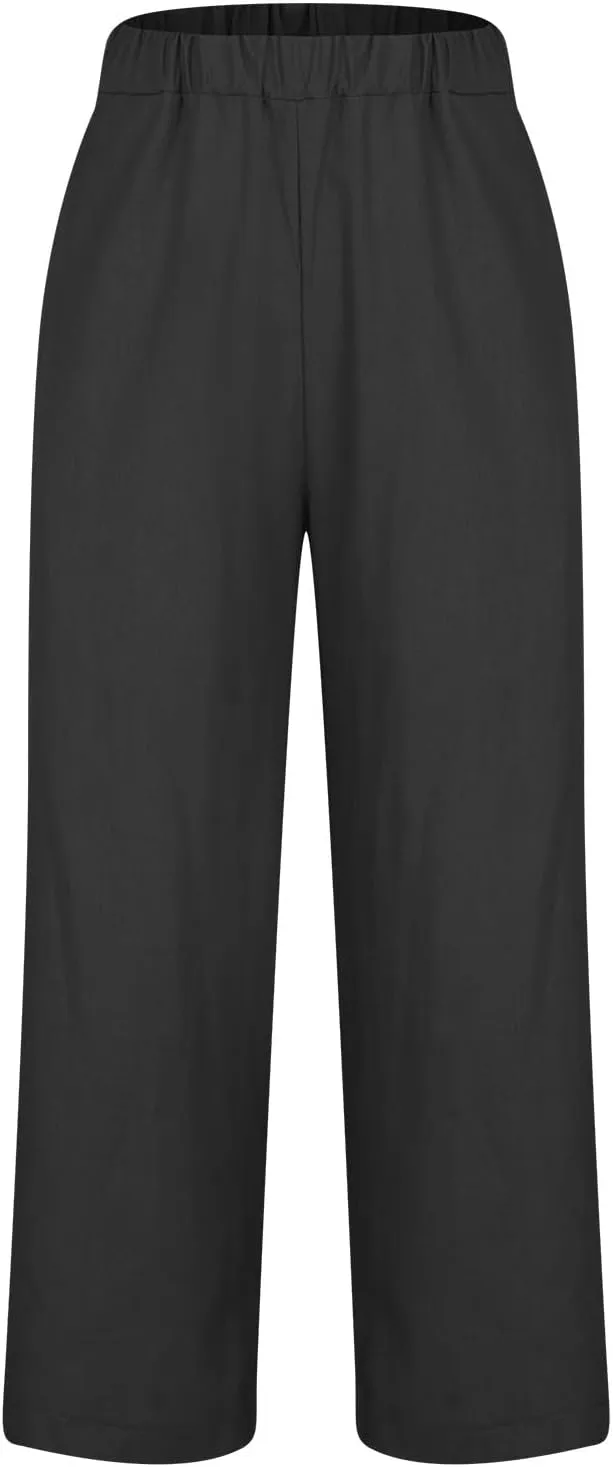 Linen Pants Women Summer Cropped Straight Wide Leg Pant Casual Plus Size Elastic Waist Beach Trousers with Pockets