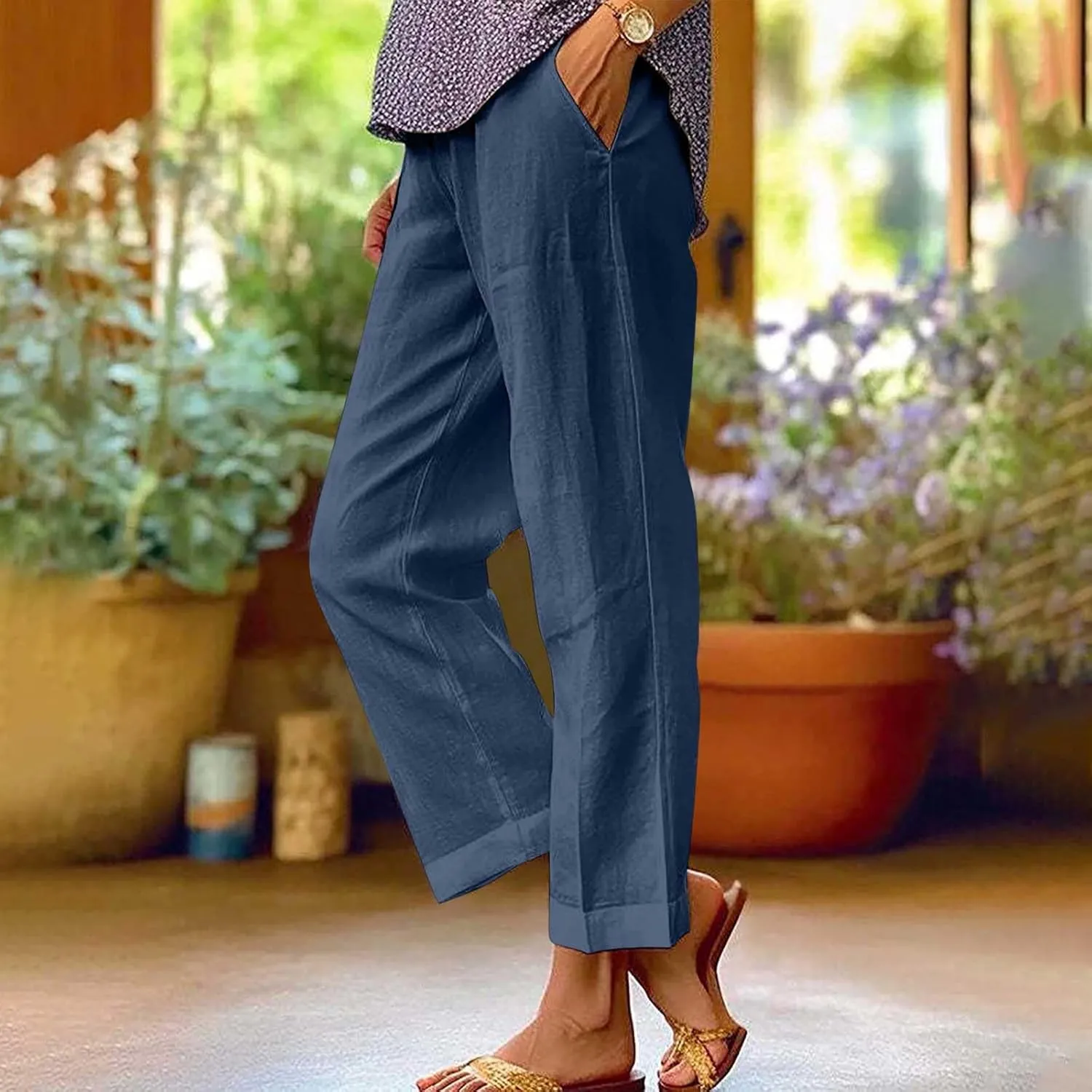 Linen Pants Women Summer Cropped Straight Wide Leg Pant Casual Plus Size Elastic Waist Beach Trousers with Pockets