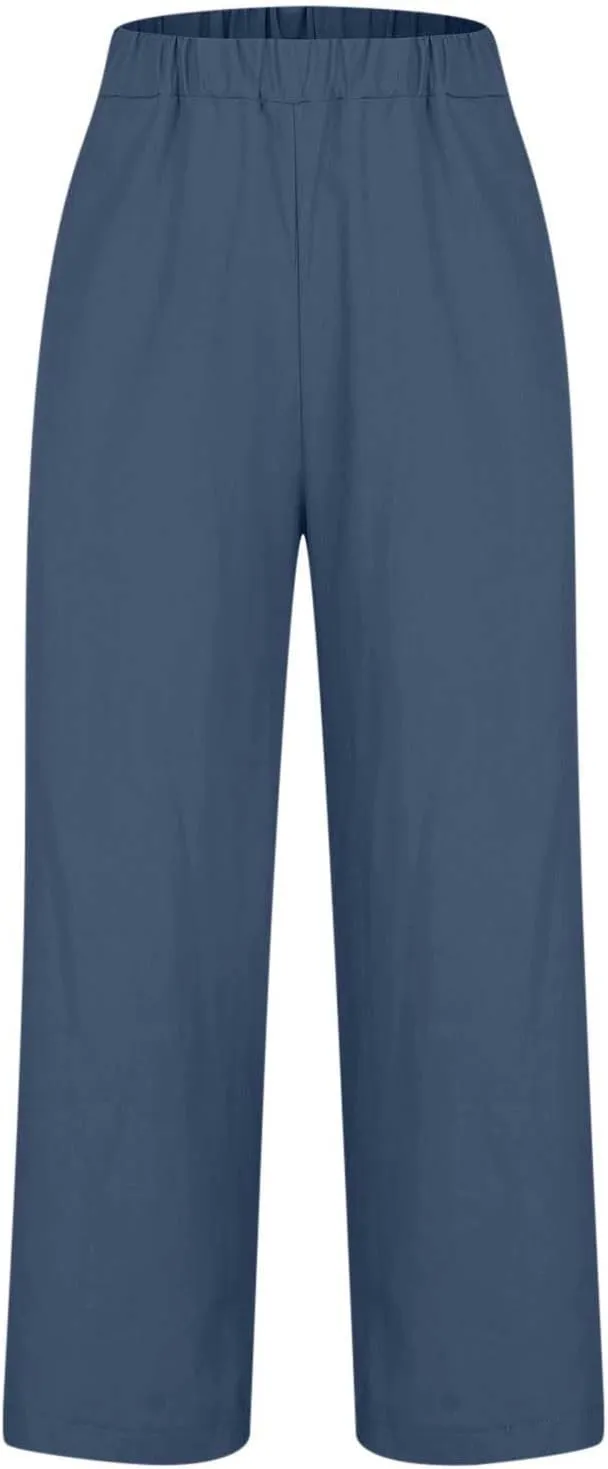 Linen Pants Women Summer Cropped Straight Wide Leg Pant Casual Plus Size Elastic Waist Beach Trousers with Pockets