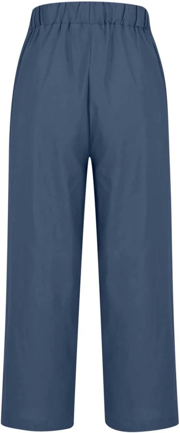 Linen Pants Women Summer Cropped Straight Wide Leg Pant Casual Plus Size Elastic Waist Beach Trousers with Pockets