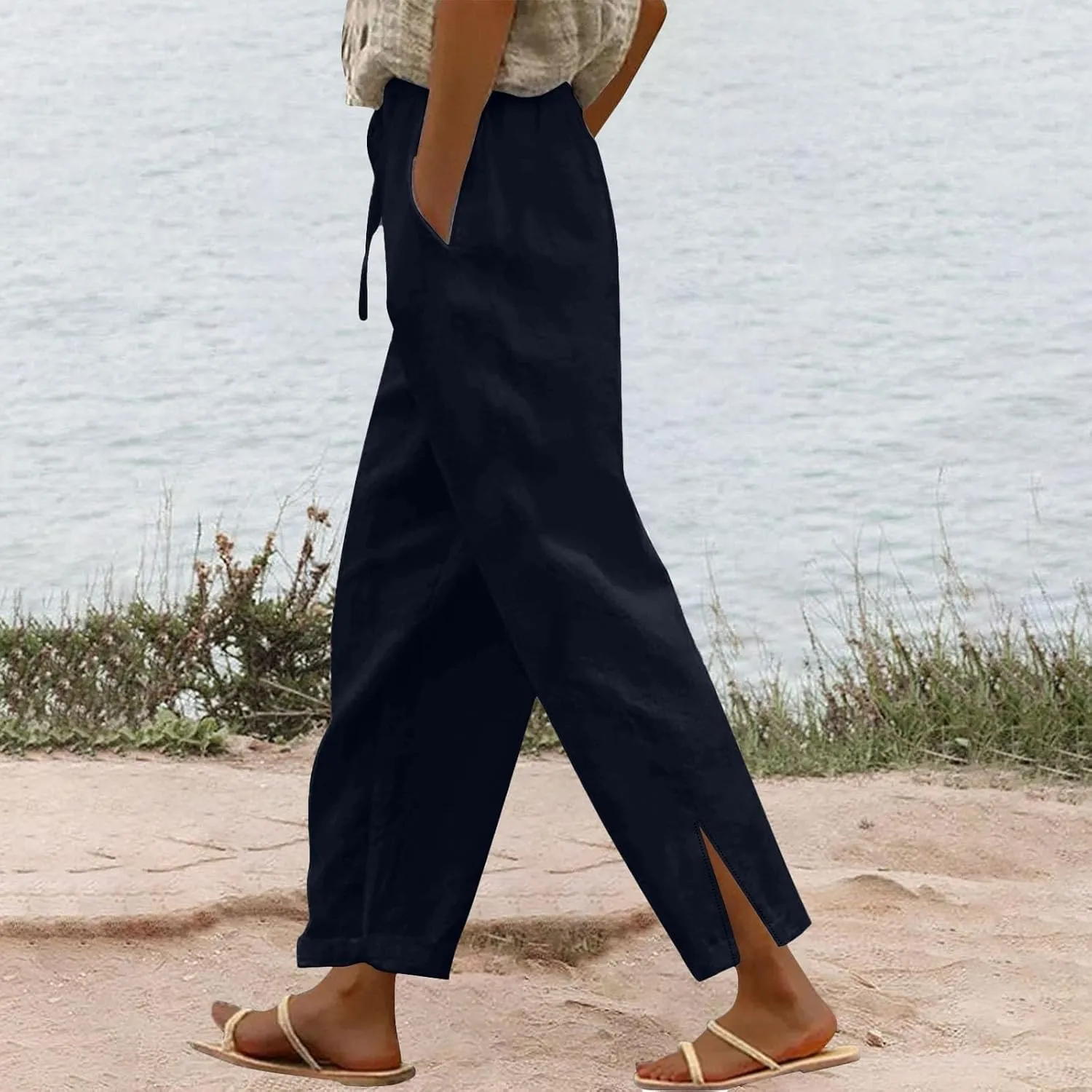 Linen Pants Women Summer Elastic Waist Pants Straight Leg Pants Lounge Beach Trousers with Pockets