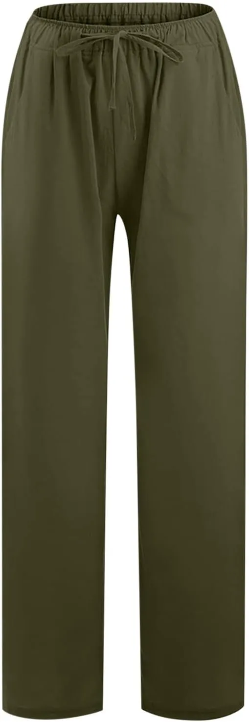 Linen Pants Women Summer High Waisted Pants Casual Wide Leg Pant Drawstring Elastic Waist Pant Flowy Beach Trousers