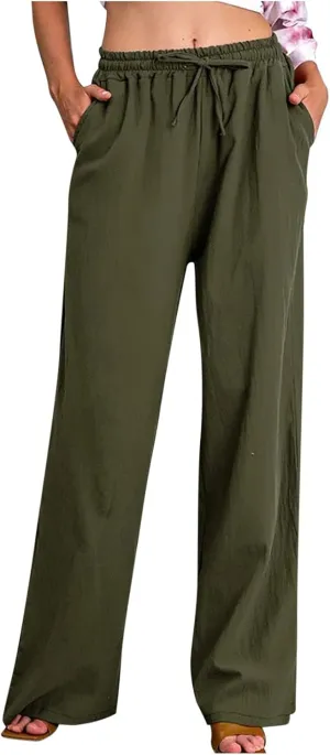 Linen Pants Women Summer High Waisted Pants Casual Wide Leg Pant Drawstring Elastic Waist Pant Flowy Beach Trousers