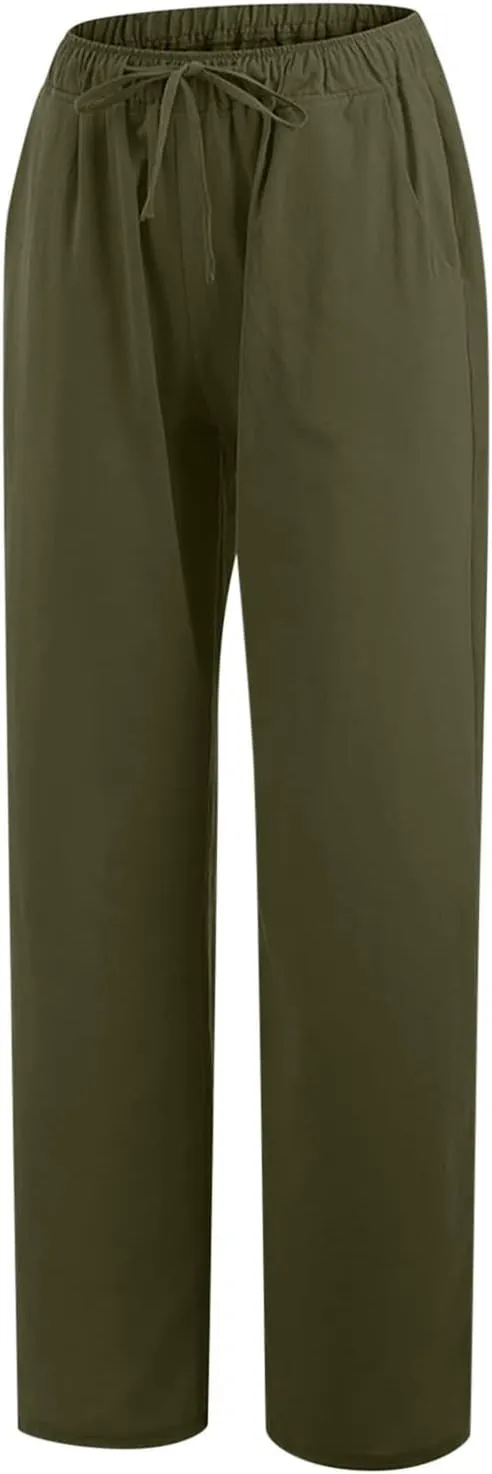Linen Pants Women Summer High Waisted Pants Casual Wide Leg Pant Drawstring Elastic Waist Pant Flowy Beach Trousers