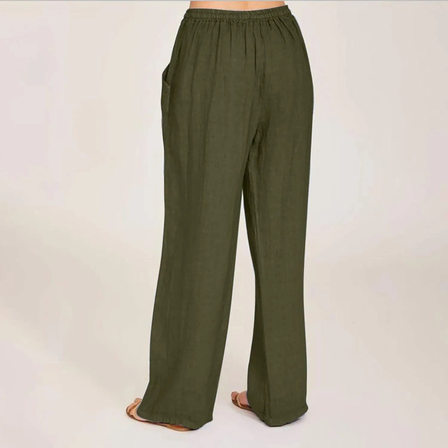 Linen Pants Women Summer High Waisted Pants Casual Wide Leg Pant Drawstring Elastic Waist Pant Flowy Beach Trousers