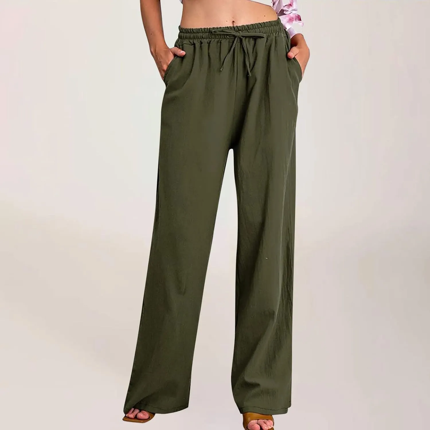Linen Pants Women Summer High Waisted Pants Casual Wide Leg Pant Drawstring Elastic Waist Pant Flowy Beach Trousers