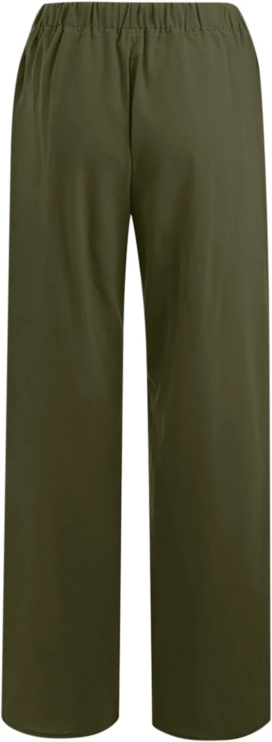 Linen Pants Women Summer High Waisted Pants Casual Wide Leg Pant Drawstring Elastic Waist Pant Flowy Beach Trousers