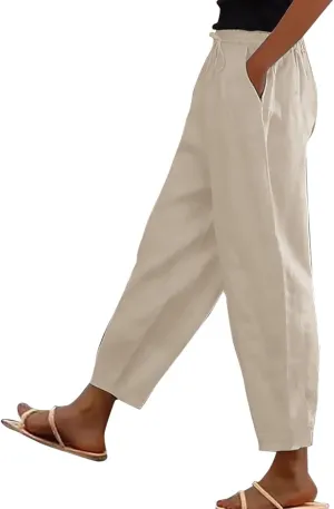 Linen Pants Women Summer Straight Leg High Elastic Waist Trousers with Pockets Drawstring Palazzo Pants