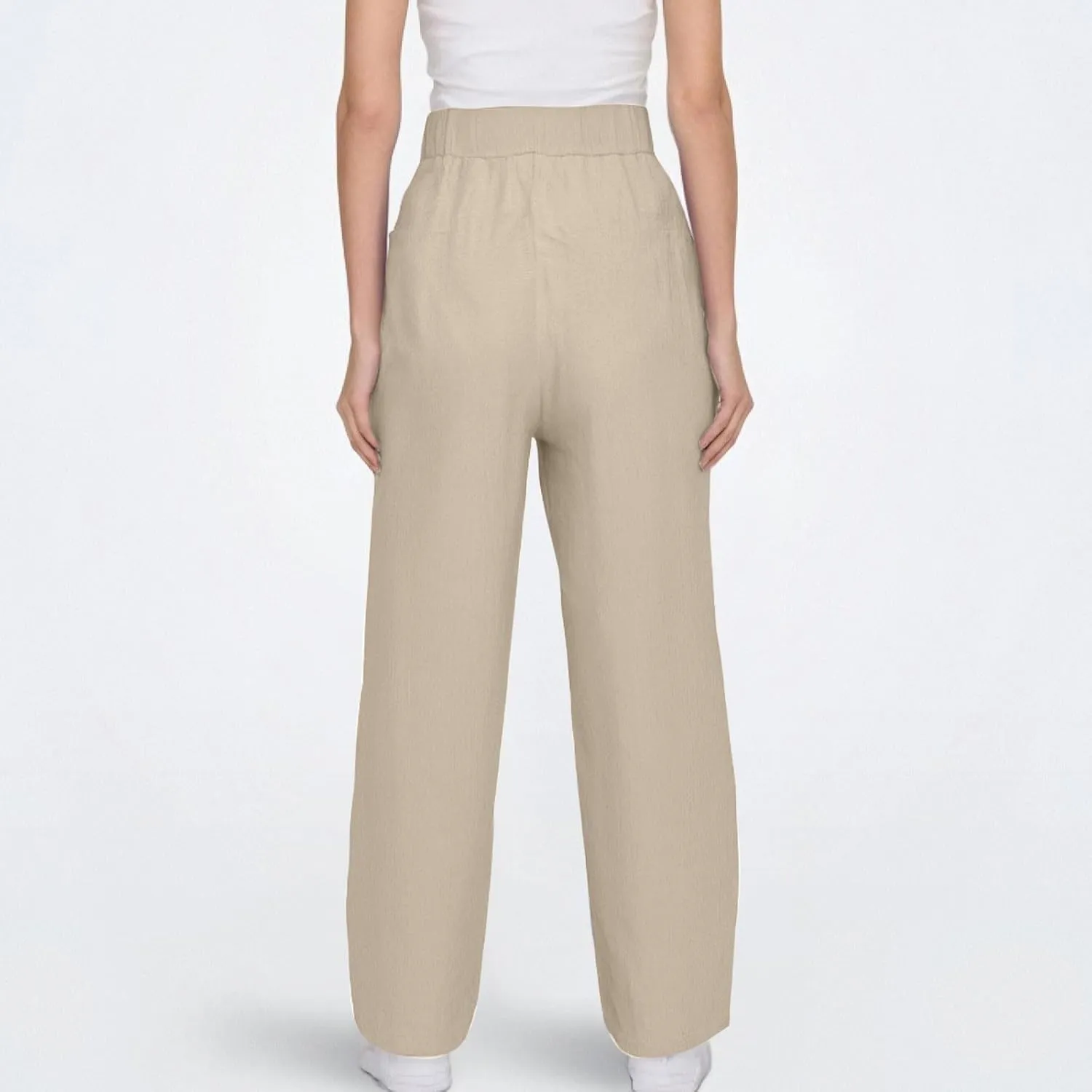 Linen Pants Women Summer Straight Leg High Elastic Waist Trousers with Pockets Drawstring Palazzo Pants
