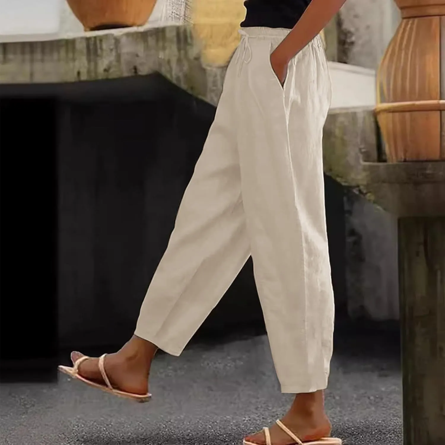 Linen Pants Women Summer Straight Leg High Elastic Waist Trousers with Pockets Drawstring Palazzo Pants