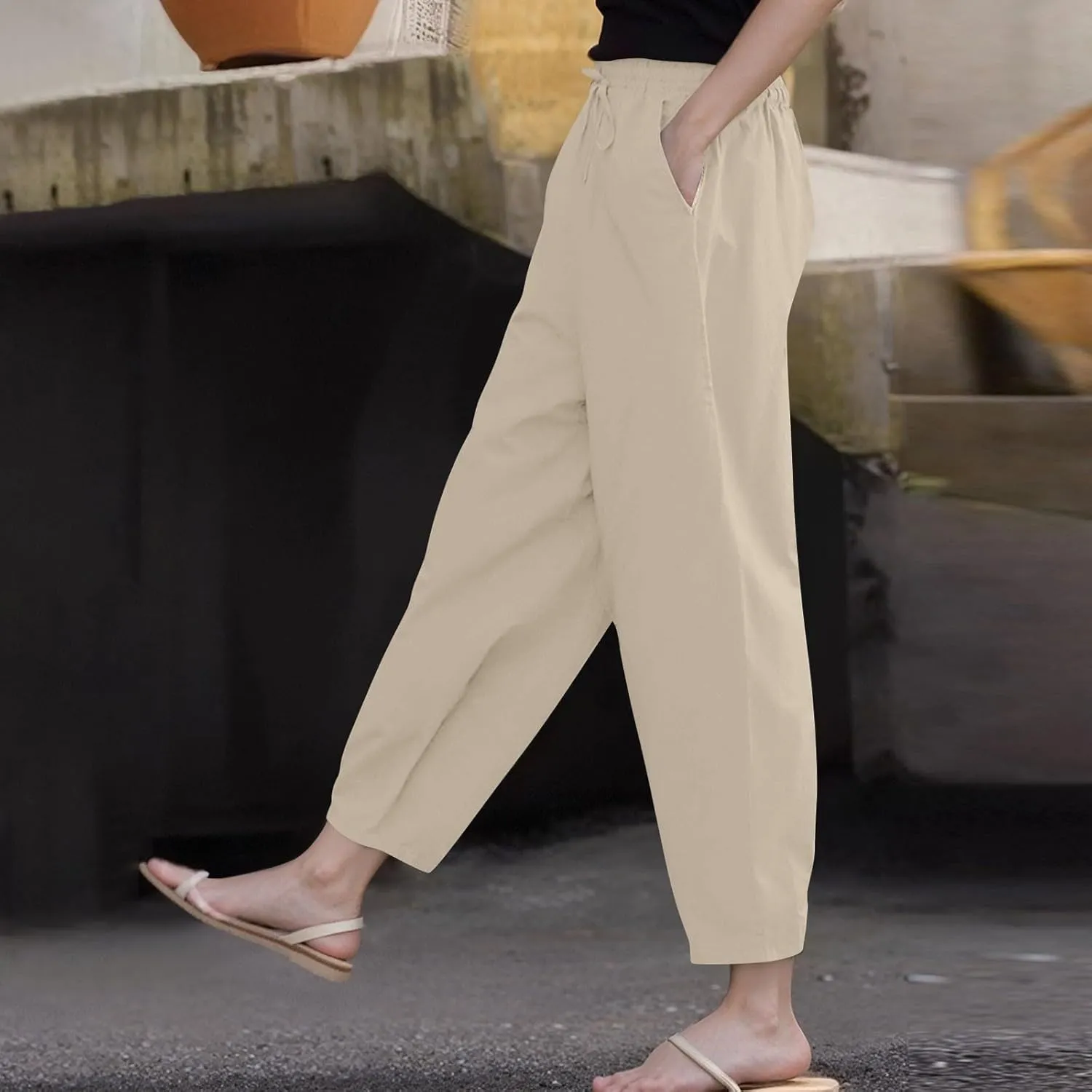 Linen Pants Women Summer Straight Leg High Elastic Waist Trousers with Pockets Drawstring Palazzo Pants
