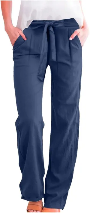 Linen Pants Women Summer Straight Leg High Waisted Work Pants with Pockets Plus Size Elastic Waist Pants Trousers