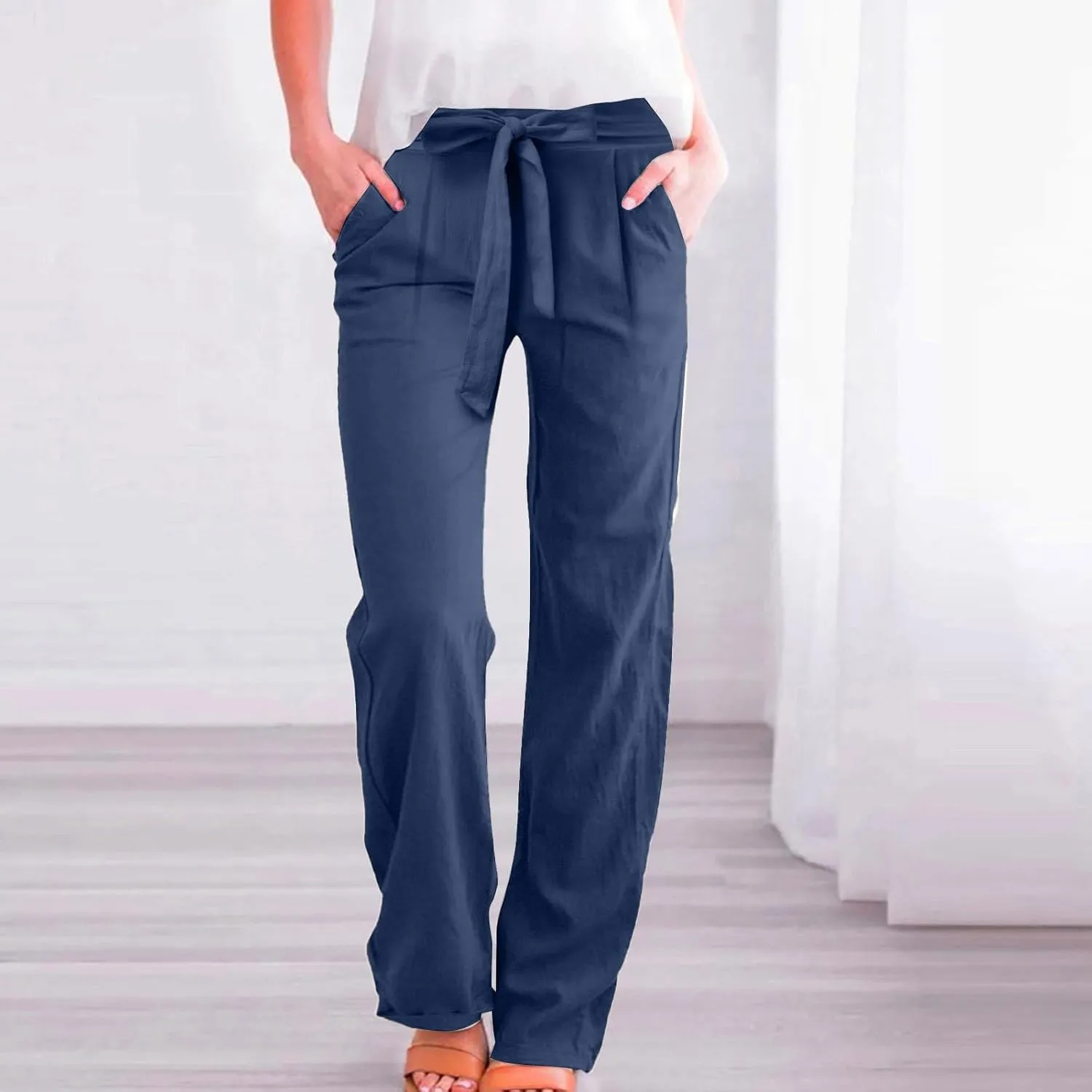 Linen Pants Women Summer Straight Leg High Waisted Work Pants with Pockets Plus Size Elastic Waist Pants Trousers