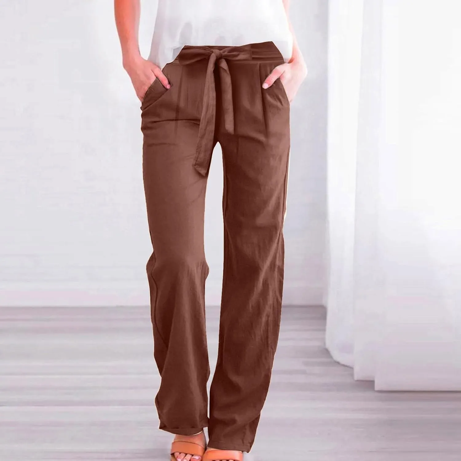 Linen Pants Women Summer Straight Leg High Waisted Work Pants with Pockets Plus Size Elastic Waist Pants Trousers