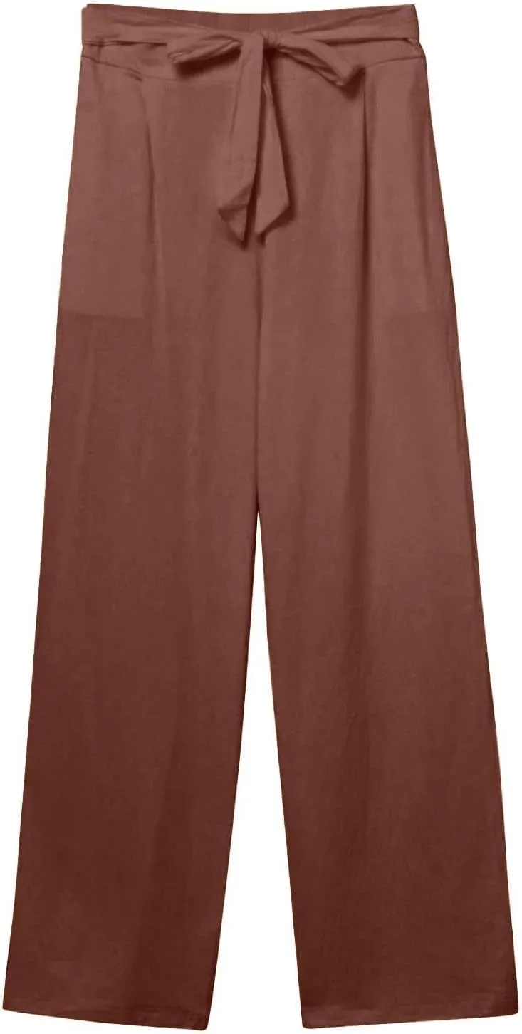 Linen Pants Women Summer Straight Leg High Waisted Work Pants with Pockets Plus Size Elastic Waist Pants Trousers