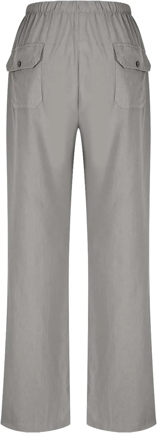 Linen Pants Women Summer Wide Leg High Waisted Casual Pant Drawstring Elastic Waist Palazzo Beach Trousers with Pockets