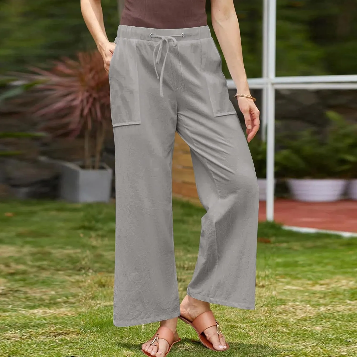 Linen Pants Women Summer Wide Leg High Waisted Casual Pant Drawstring Elastic Waist Palazzo Beach Trousers with Pockets