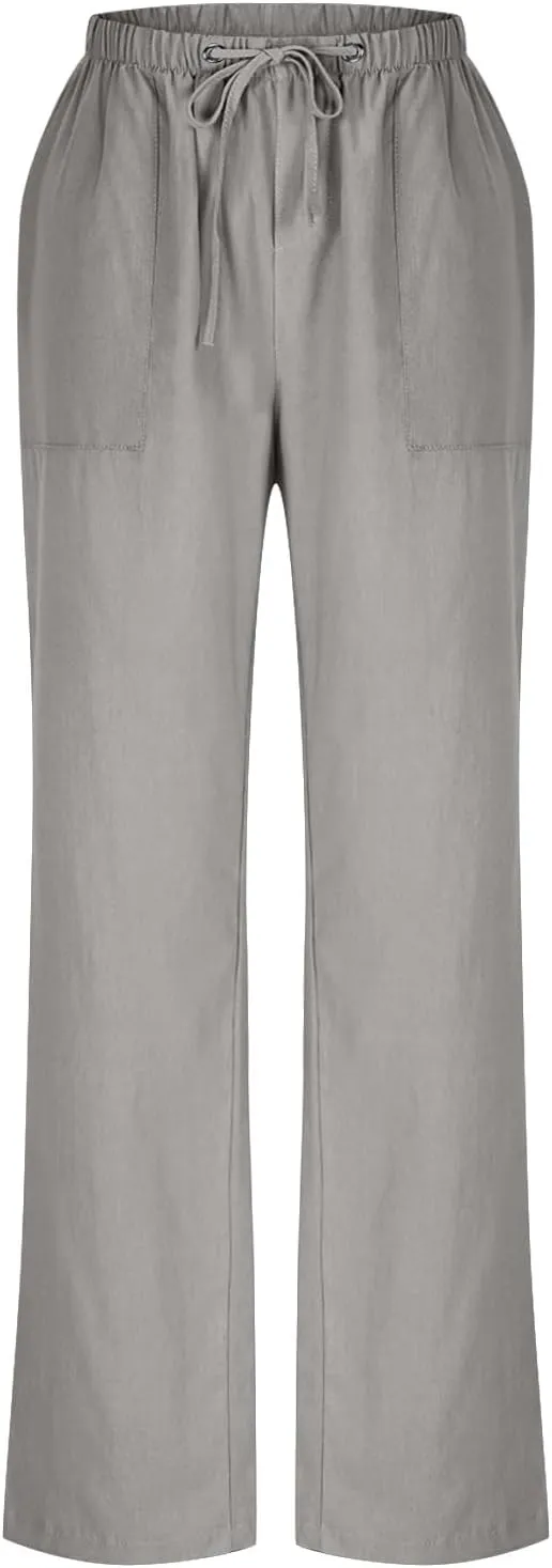 Linen Pants Women Summer Wide Leg High Waisted Casual Pant Drawstring Elastic Waist Palazzo Beach Trousers with Pockets