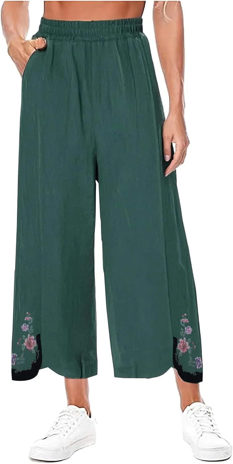 Linen Pants Women Summer Wide Leg Trousers Drawstring Elastic High Waisted Lounge Pants Casual Beach Trousers Slacks