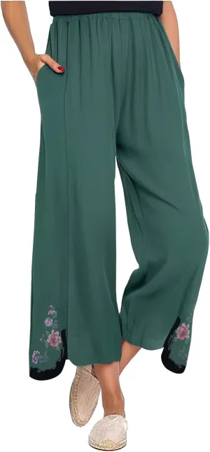 Linen Pants Women Summer Wide Leg Trousers Drawstring Elastic High Waisted Lounge Pants Casual Beach Trousers Slacks