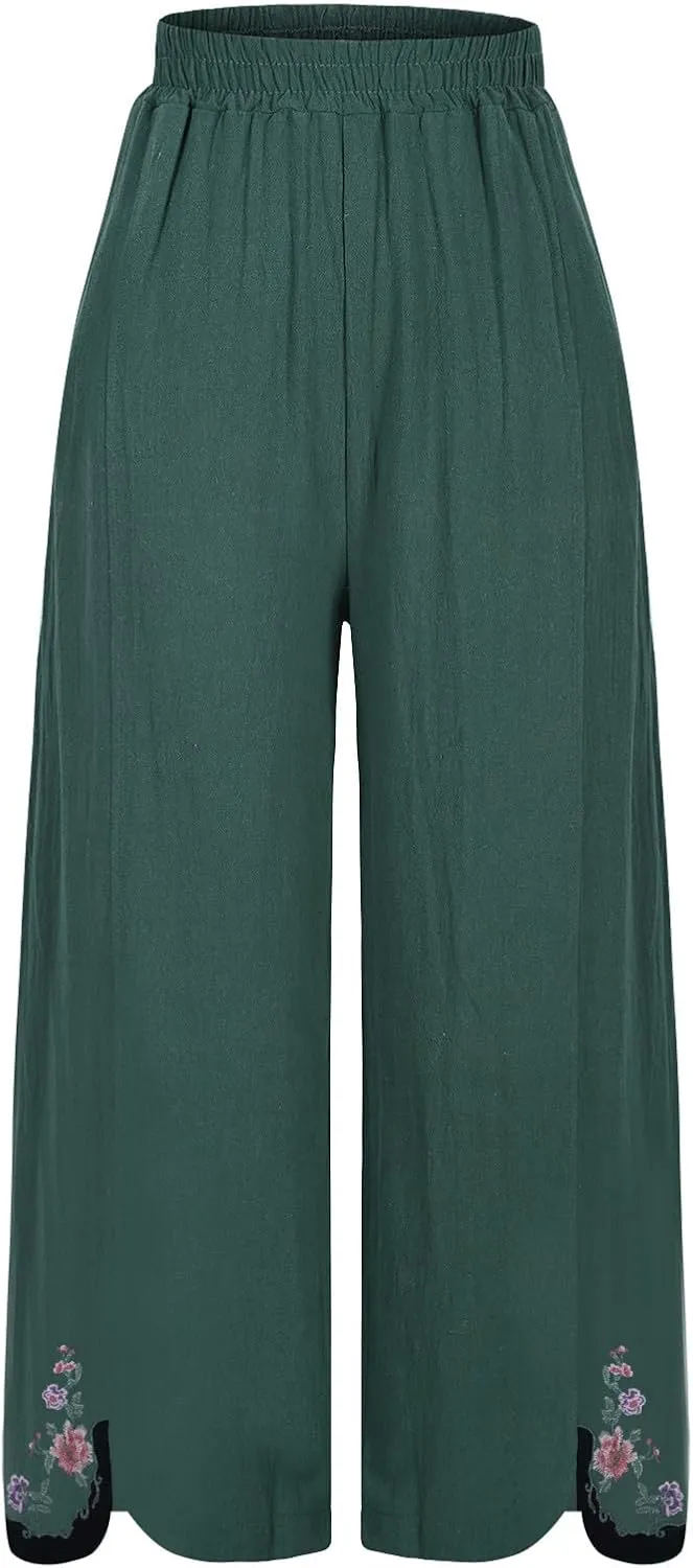 Linen Pants Women Summer Wide Leg Trousers Drawstring Elastic High Waisted Lounge Pants Casual Beach Trousers Slacks