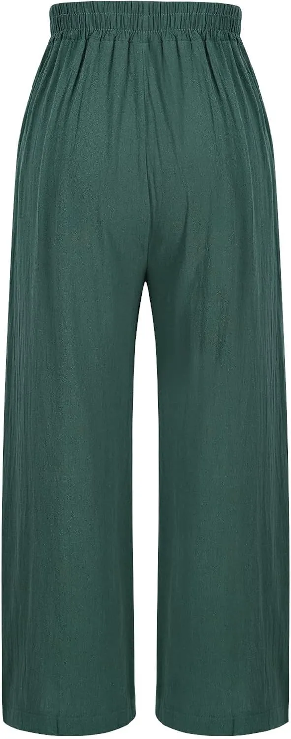 Linen Pants Women Summer Wide Leg Trousers Drawstring Elastic High Waisted Lounge Pants Casual Beach Trousers Slacks