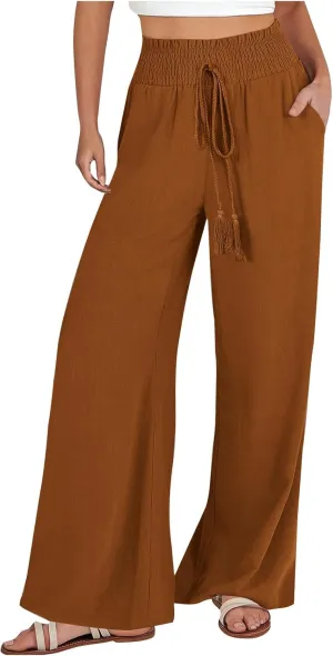 Linen Pants Women Wide Leg High Waist Palazzo Pants Summer Beach Flowy Pants Casual Lounge Pants Elastic Waist Trousers