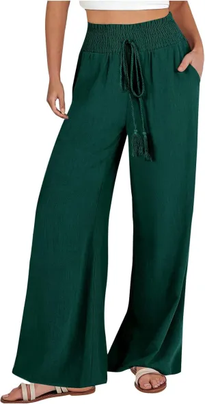 Linen Pants Women Wide Leg High Waist Palazzo Pants Summer Beach Flowy Pants Casual Lounge Pants Elastic Waist Trousers