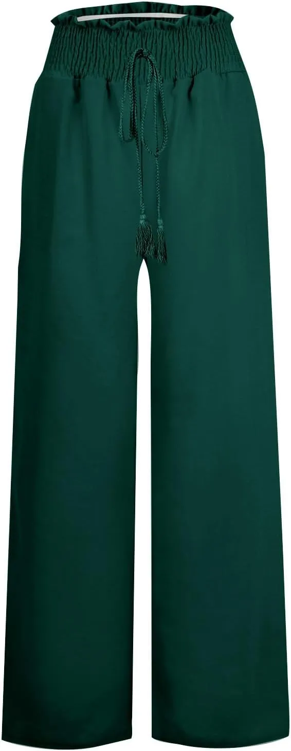 Linen Pants Women Wide Leg High Waist Palazzo Pants Summer Beach Flowy Pants Casual Lounge Pants Elastic Waist Trousers