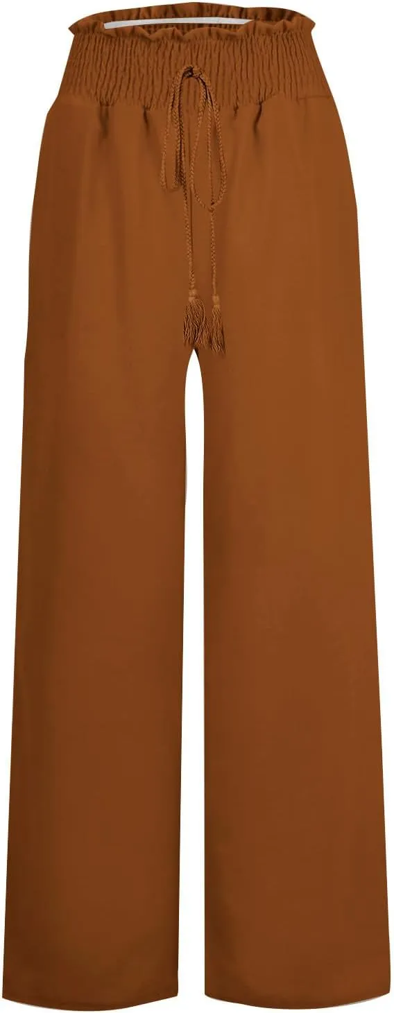 Linen Pants Women Wide Leg High Waist Palazzo Pants Summer Beach Flowy Pants Casual Lounge Pants Elastic Waist Trousers