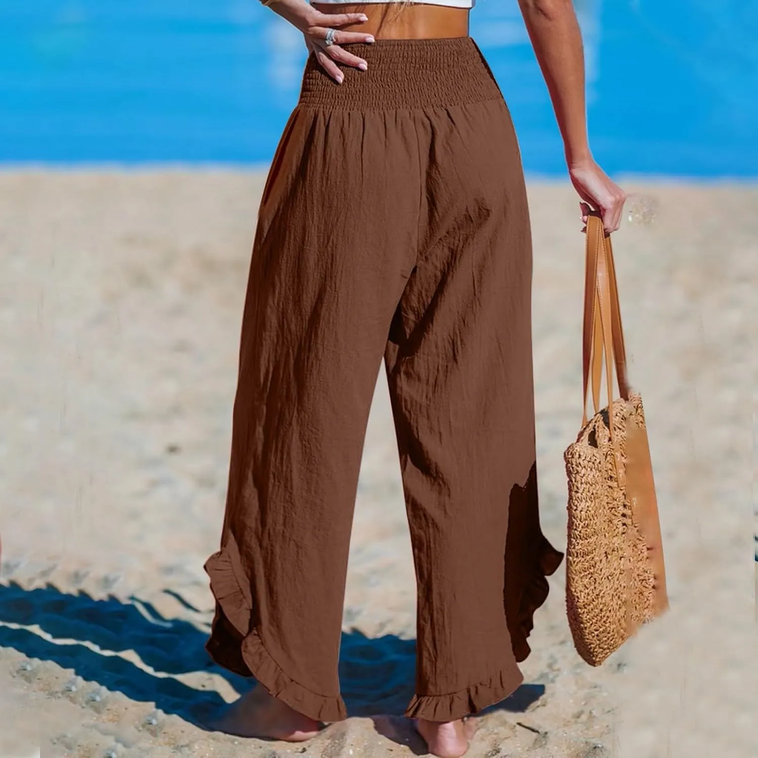 Linen Wide Leg Pants for Women 2025 Stretch Smocked High Waisted Ruffle Hem Palazzo Pants Summer Loose Beach Pants