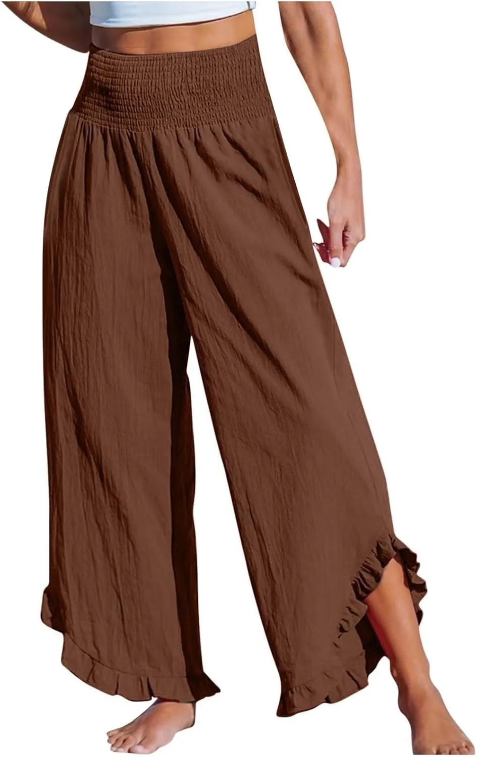 Linen Wide Leg Pants for Women 2025 Stretch Smocked High Waisted Ruffle Hem Palazzo Pants Summer Loose Beach Pants
