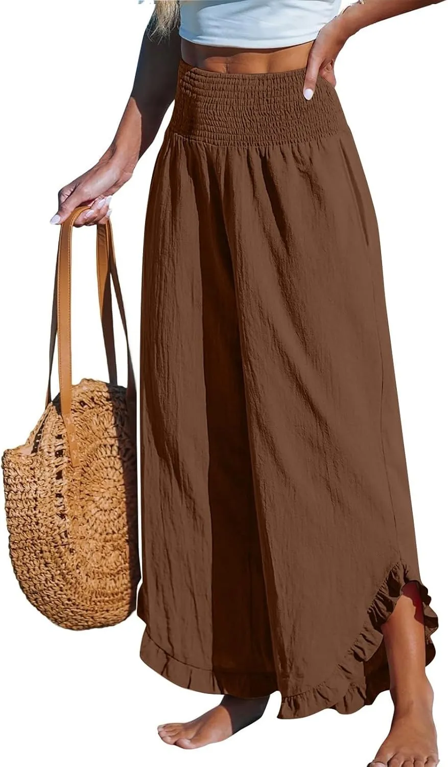 Linen Wide Leg Pants for Women 2025 Stretch Smocked High Waisted Ruffle Hem Palazzo Pants Summer Loose Beach Pants