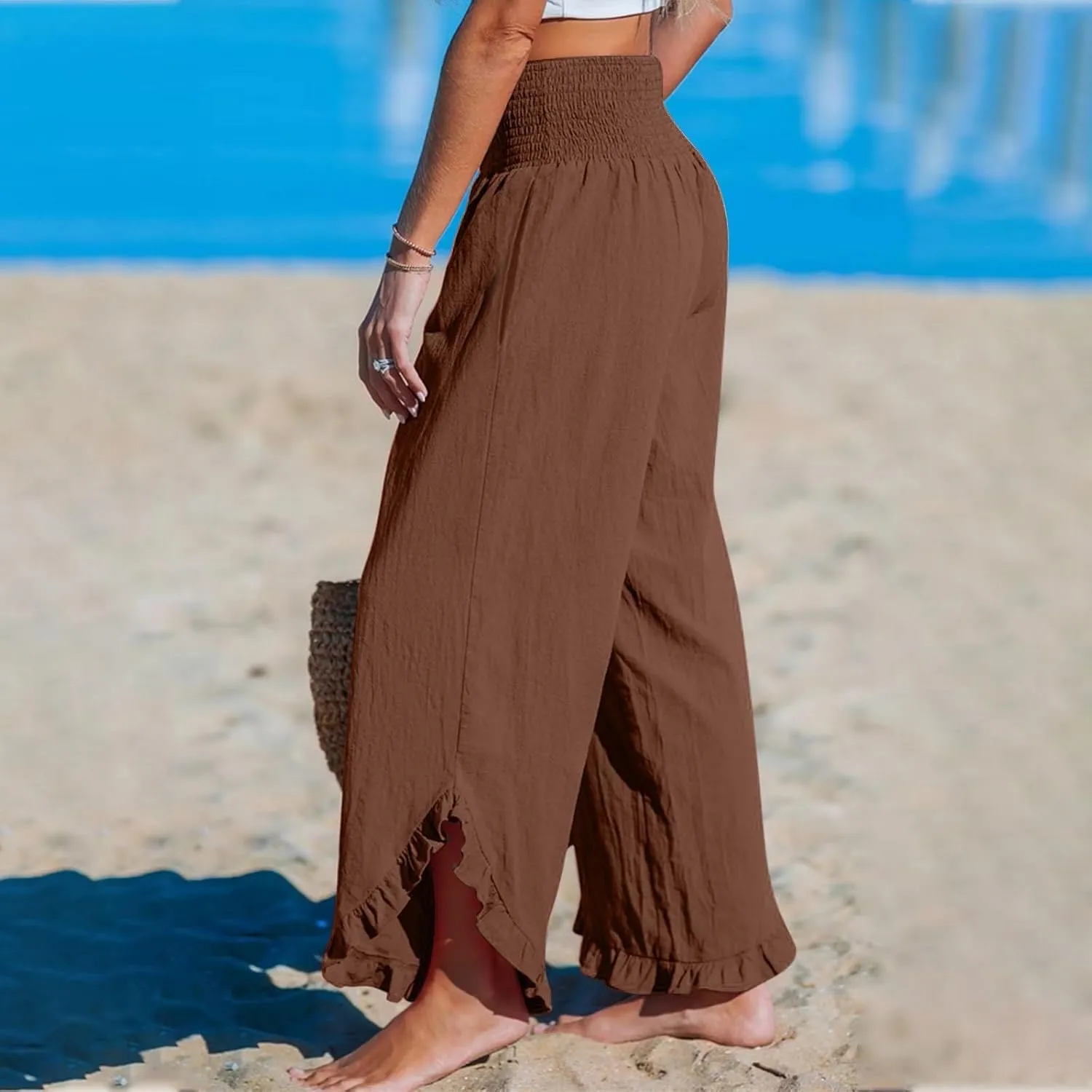 Linen Wide Leg Pants for Women 2025 Stretch Smocked High Waisted Ruffle Hem Palazzo Pants Summer Loose Beach Pants